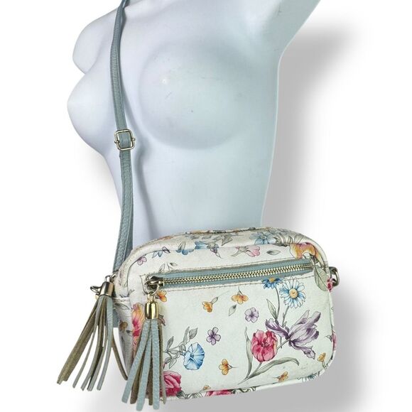 Firenze Italy Italian Handmade Hand Painted Floral Crossbody Bag White Leather - Picture 2 of 12